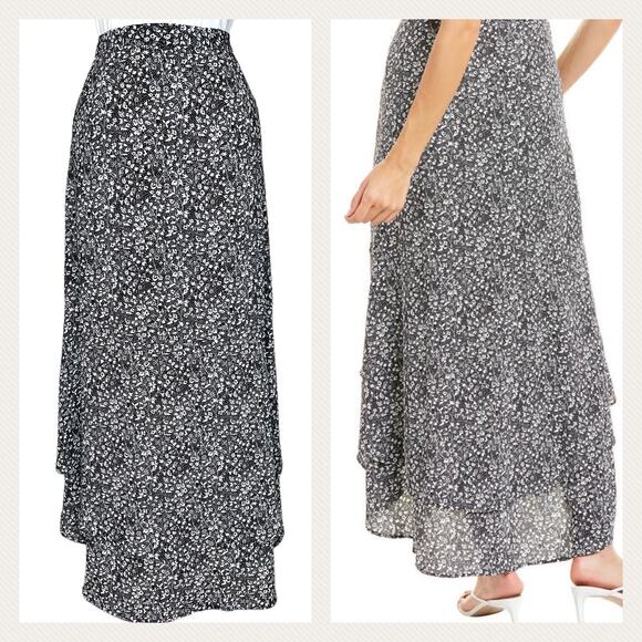 1. State Ditsy Floral Print Maxi Skirt Asymmetric Ruffle High-Low Black White 12 - Picture 9 of 13
